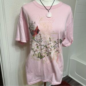 Pink butterfly vintage graphic tee shirt tshirt cardinal bird spring cottagecore